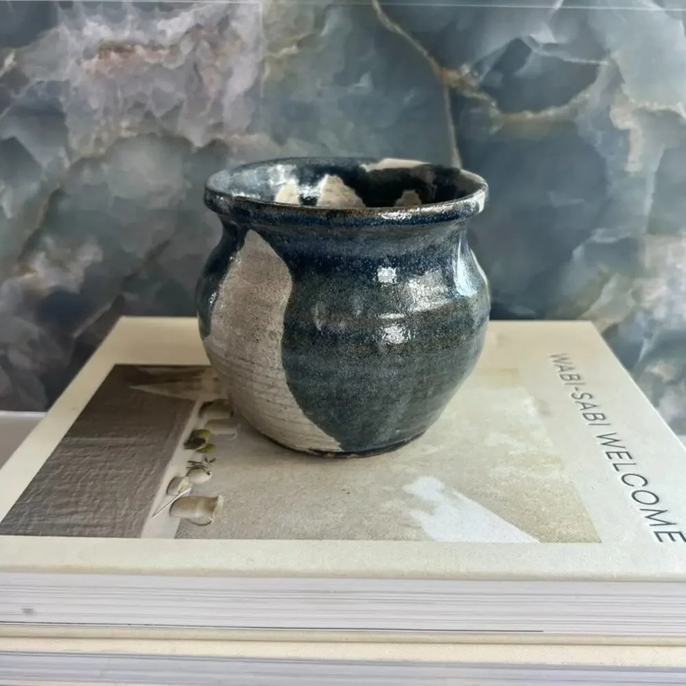 Art Studio Pottery Stoneware Vase Gray Green Drip Glaze 4